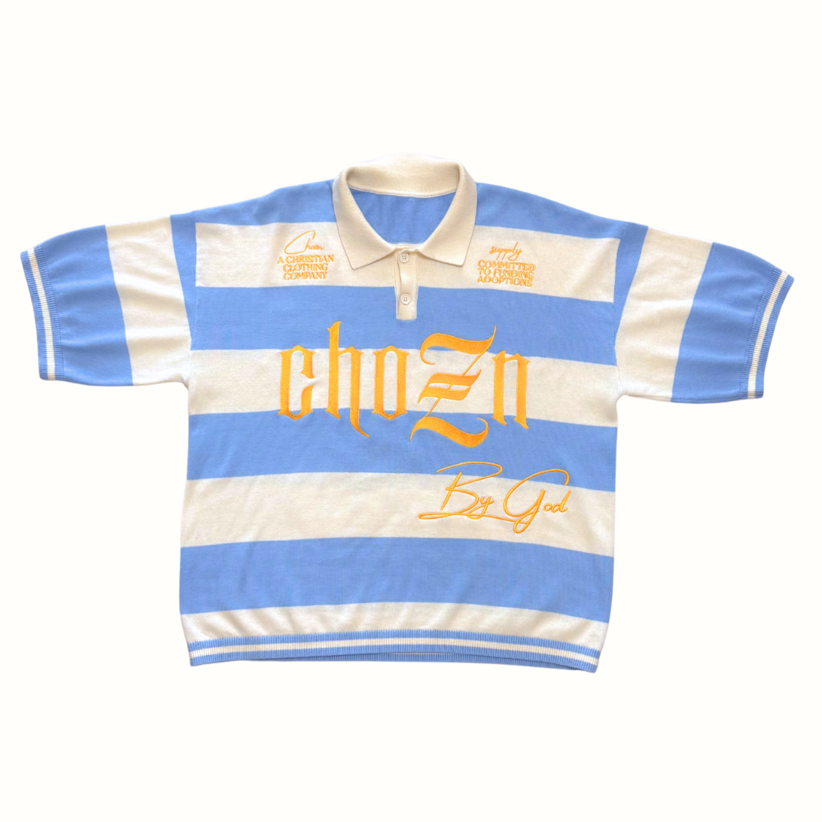 Striped polo shirt with text on a white background