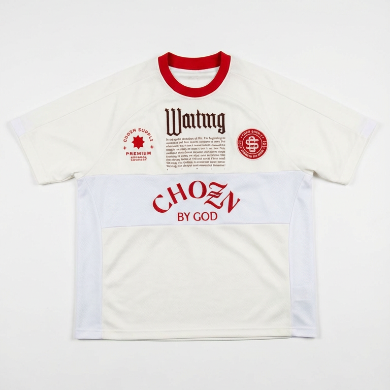 White t-shirt with red and black text and graphics on a white background